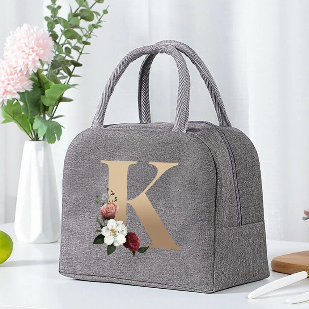 Thermal Food Picnic Lunch Box Insulated School Child Tote Lunch Bags for Work Cute Gold Letter Pattern Cooler Bag for Women