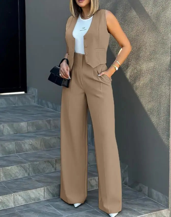 2024 Spring Summer Simple Graceful New Fashion Suit Vest Jacket Wide Leg Pants Casual Suit