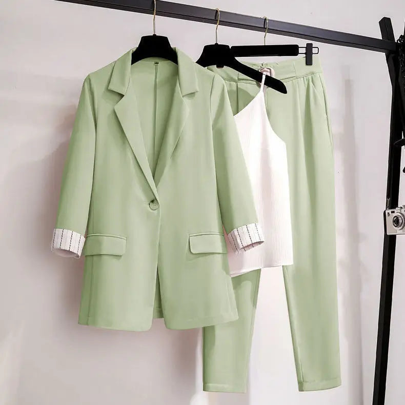 2025 spring new plus size Korean elegant women's suit female blazer leisure pants Tweed suit jacket three piece jacket pants set