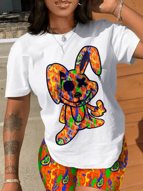 Casual Short Sleeve T T-shirt Shorts Set Office Lady Summer O-neck Cartoon Print Blouse Pants Two Piece Set Women Outfit 2023