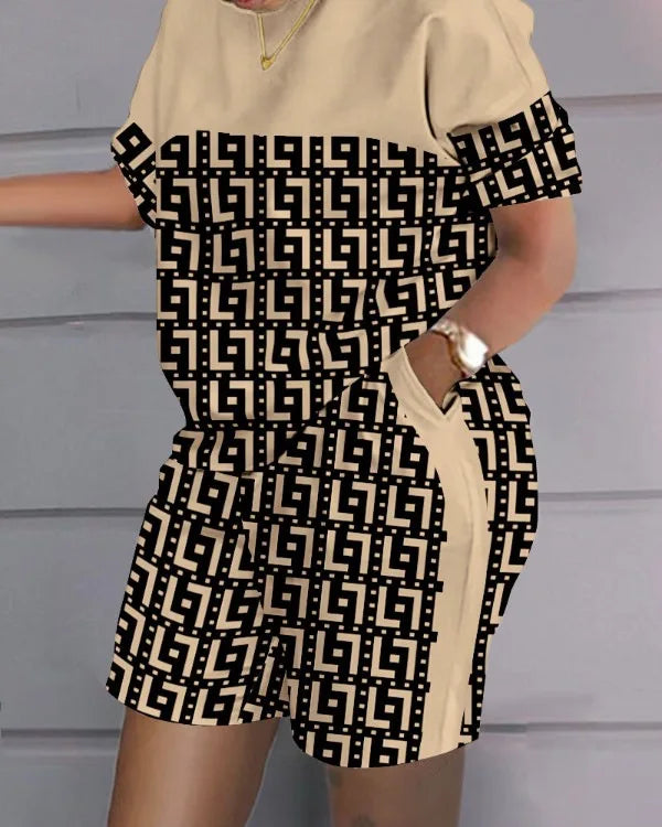 Women Casual Short Sleeve Outfit 2024 Summer Fashion Letter Printed O Neck Pocket Suit Female T Shirt Top Shorts Two Pieces Set