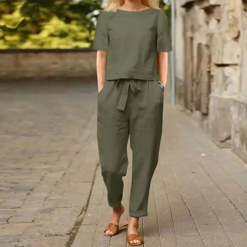 Women's Pullover Shirt And Pants Two-piece Set 2024 Women's Cotton And Linen Summer Suit Short Sleeved O-neck Outfit Pants