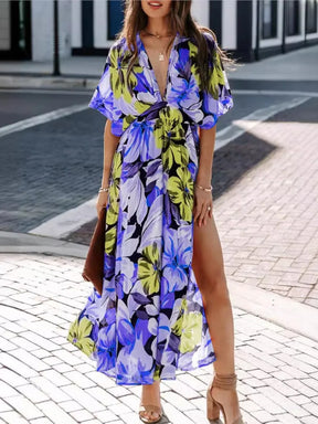 Casual Print Women Dress Summer Fahsion V Neck Short Sleeve Office Elegant Maxi Dresses Female Holiday Beach Party Dress New