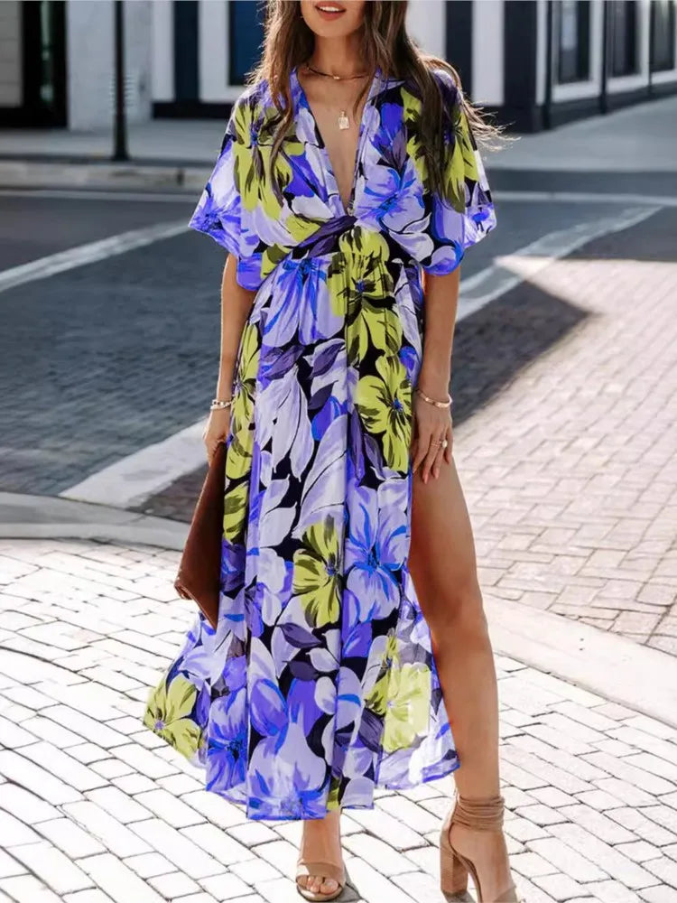 Casual Print Women Dress Summer Fahsion V Neck Short Sleeve Office Elegant Maxi Dresses Female Holiday Beach Party Dress New