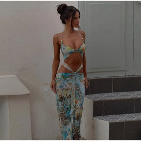 Women Sexy Print Bikini Patchwork Ruffles Long Dress Fashion Hollow Out Off Shoulder Slim Halter Vestido Lady New Beach Clubwear
