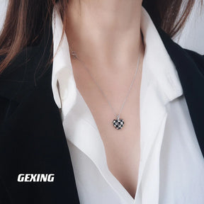 Classic S925 Sterling Silver Black and White Checkered Love Heart Necklace-Unique Nordic Style Jewelry