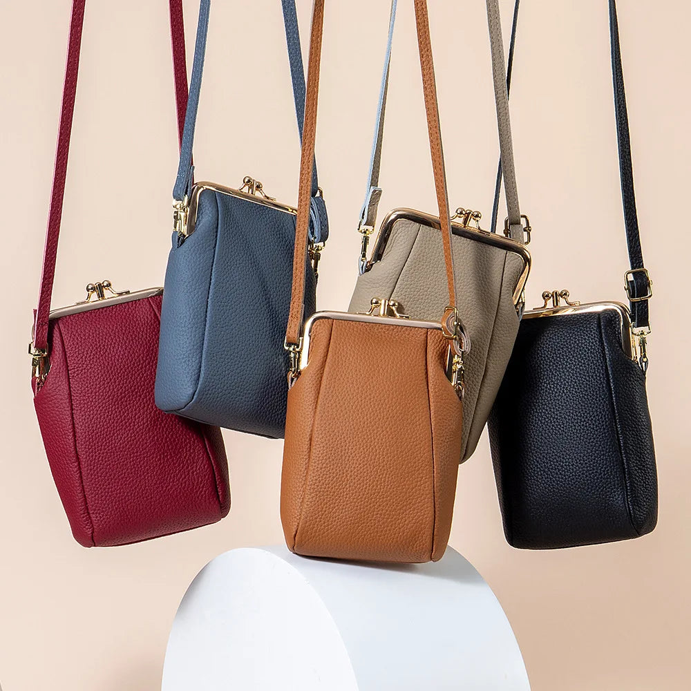 2024New Vintage Women Clip Bags Genuine Leather Mobile Phone Purse Bag Kiss Lock Crossbody Bags