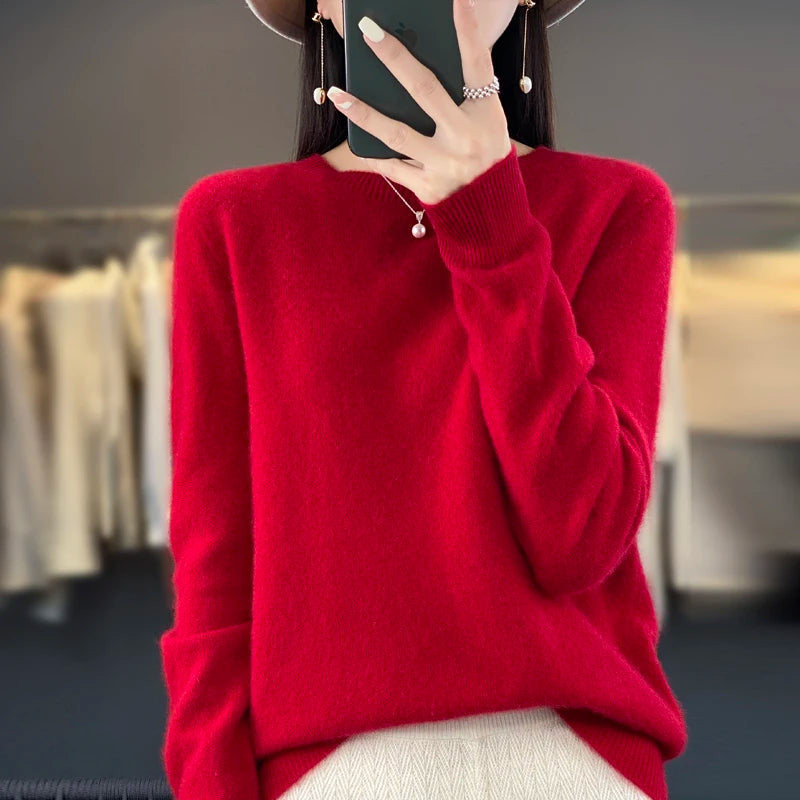 100% pure wool cashmere sweater women's O-neck pullover casual knit top autumn and winter women's coat Korean fashion