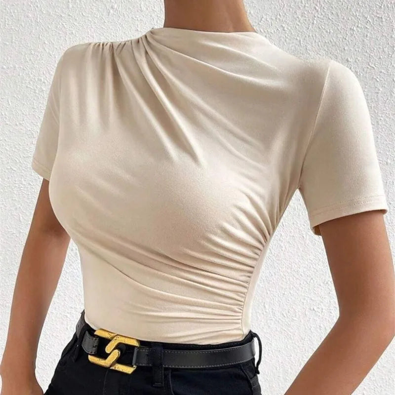 Luxury Europe and the United States spring and summer new slim-fit draw pleated short-sleeved onesie women's T-shirt