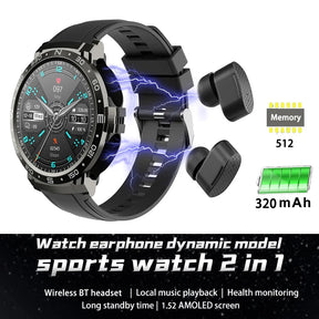 2 In 1 TWS Earphones Smart Watch Waterproof Wireless Bluetooth Dual Headset Call Health Blood Pressure Sports Music Smartwatch