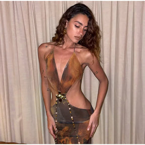Sexy Printed V-neck Hollow Out Maxi Dress Women Fashion Backless Sleeveless High Waist Vestidos Summer Lady Party Dresses