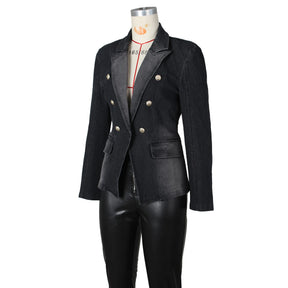 Women New Slim Double-Breasted Button Denim Jacket Coat Slim Long Sleeve Autumn Ripped Fashion Jacket Blazer