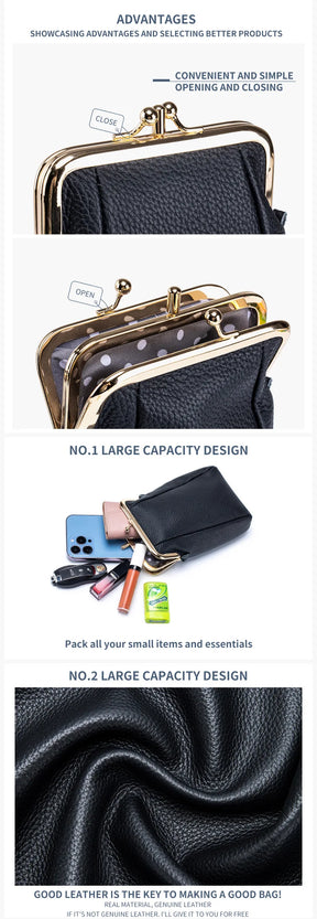 2024New Vintage Women Clip Bags Genuine Leather Mobile Phone Purse Bag Kiss Lock Crossbody Bags