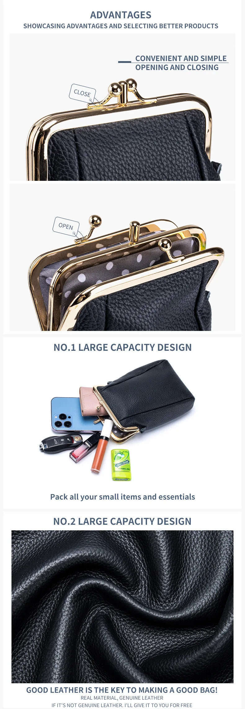 2024New Vintage Women Clip Bags Genuine Leather Mobile Phone Purse Bag Kiss Lock Crossbody Bags