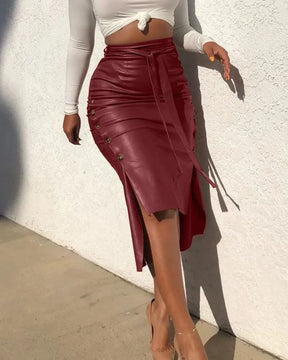 Fashion New Women's Faux Leather Midi Skirt High Waist Button Trim Slim Solid Color Slit Bodycon Pencil Skirt with Belt