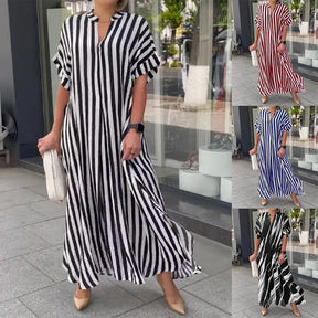 Summer Women's Striped Dress Shirt Black V-neck Loose Fashion Street Vacation Red Long Skirt