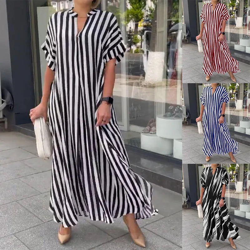 Summer Women's Striped Dress Shirt Black V-neck Loose Fashion Street Vacation Red Long Skirt