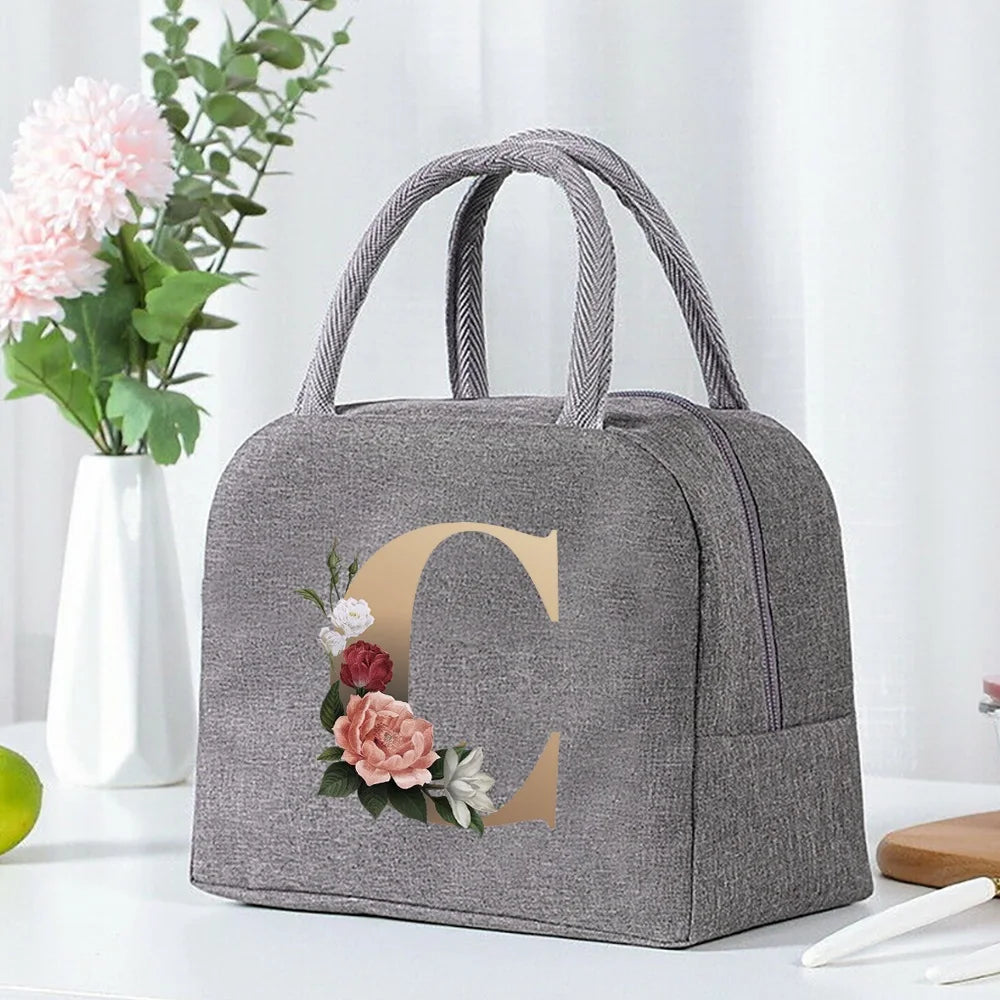 Thermal Food Picnic Lunch Box Insulated School Child Tote Lunch Bags for Work Cute Gold Letter Pattern Cooler Bag for Women