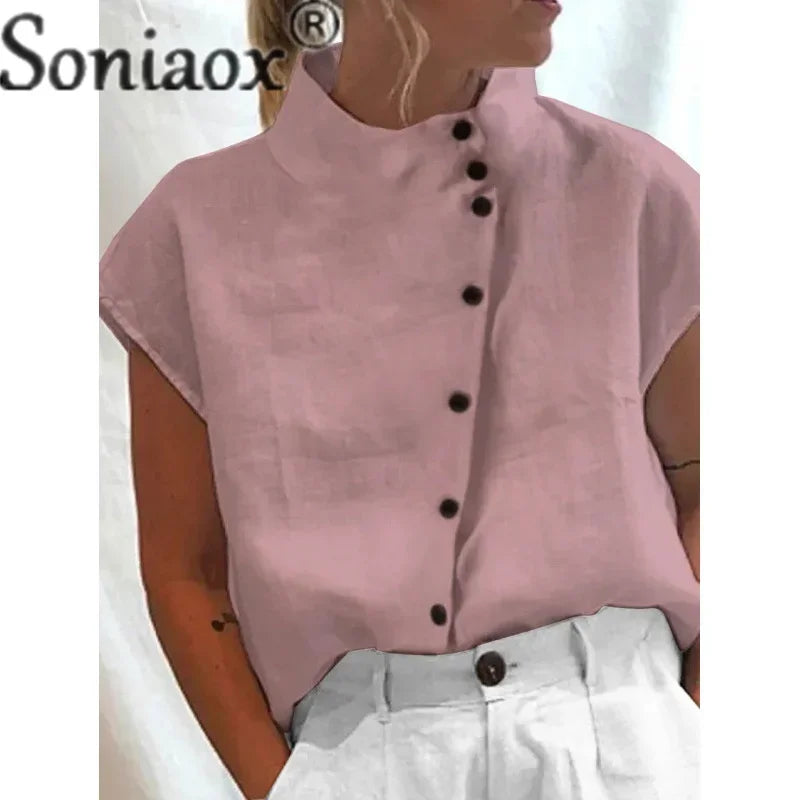 Elegant Cotton Linen Stand Neck Shirt Female 2023 Summer Simple Style Single-breasted Cardigan Tops Women's Casual Loose Blouse