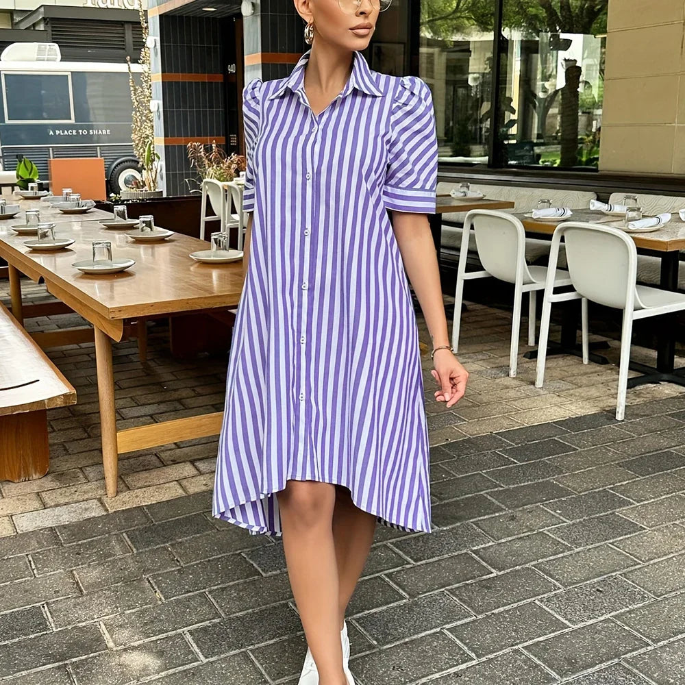 Women's Dress Summer Short Sleeve Button Down Lapel Top Short Pocket Striped Print Fashion Loose Shirt Coat Party Evening Dress
