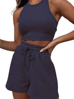 2024 Summer New Sleeveless Waffle Elegant Women's Sets Solid Color Sexy Waist Vest Casual Tethered Shorts Female's Two-Piece Set