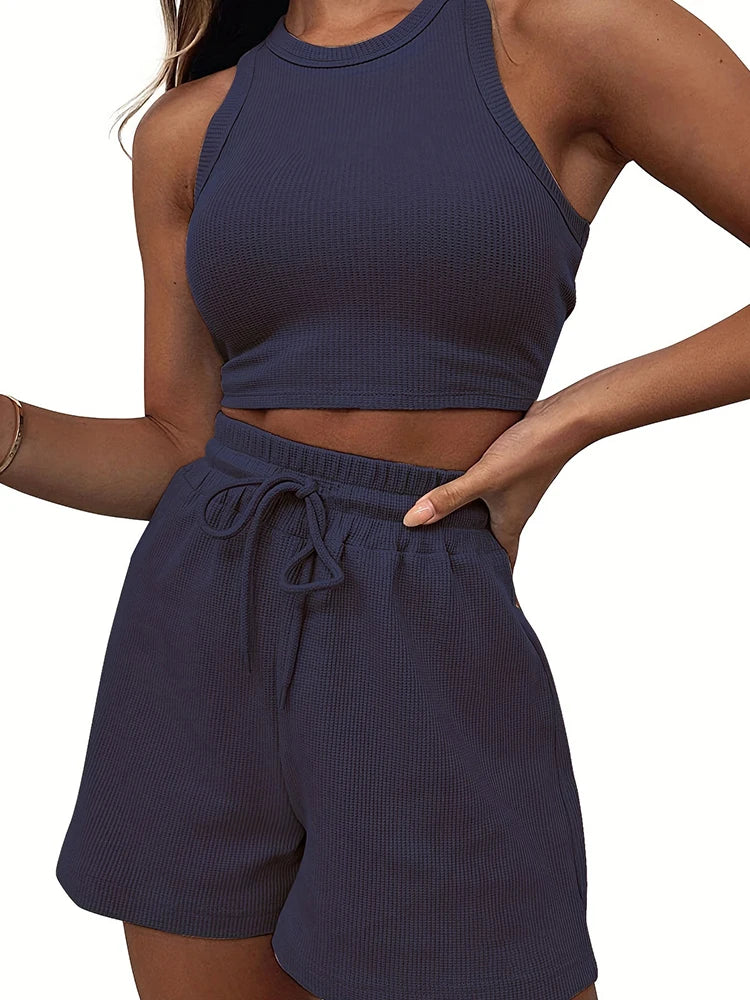 2024 Summer New Sleeveless Waffle Elegant Women's Sets Solid Color Sexy Waist Vest Casual Tethered Shorts Female's Two-Piece Set
