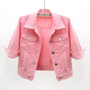 2024 New Women Spring Autumn Denim Jacket Tops Pink Color Solid Short Multicolor Feminino Three Quarter Sleeve Jean Jacket