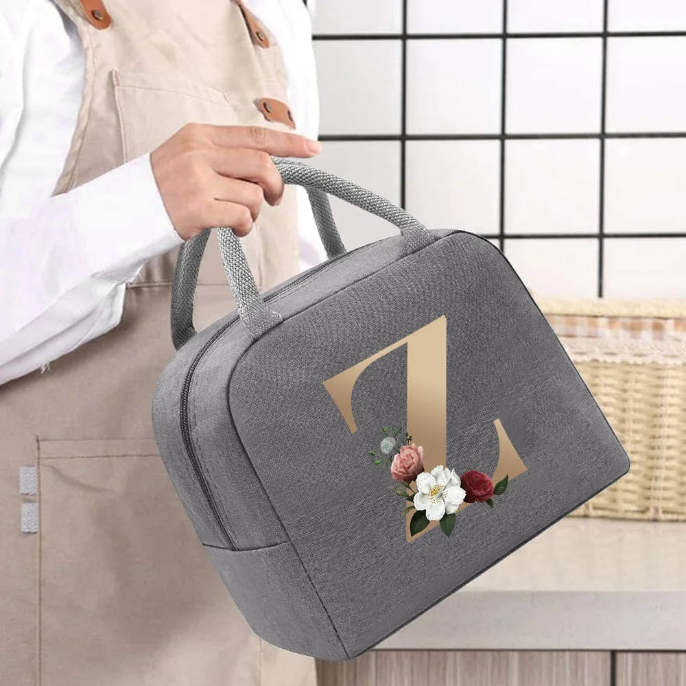 Thermal Food Picnic Lunch Box Insulated School Child Tote Lunch Bags for Work Cute Gold Letter Pattern Cooler Bag for Women