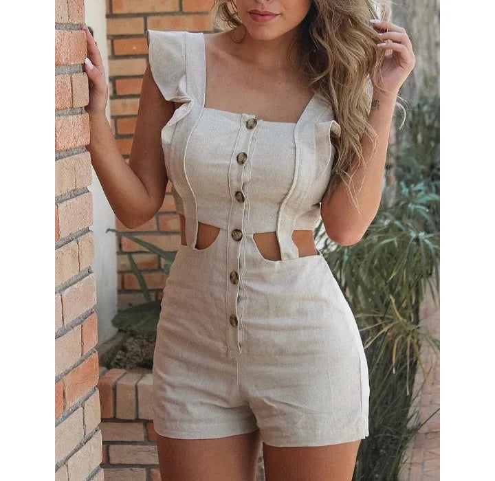 Jumpsuit Shorts Women 2024 Summer Temperament Commuting Elegant Waist Hollow Sleeveless Button Ruffled Fashion Womens Rompers
