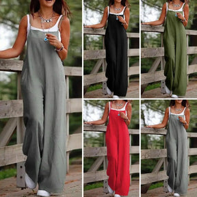 Summer Women Jumpsuit Backless Sleeveless Spaghetti Strap Wide Leg Lady Jumpsuit Deep Crotch Pockets Full Length Female Jumpsuit