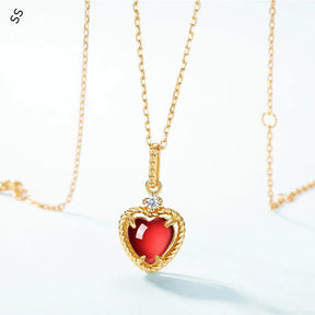 Japanese Style Vintage Red Garnet Heart Necklace 925 Sterling Silver Gold Tone Finish Chain Unique Minimalist Jewelry Gift
