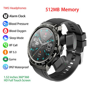 2 In 1 TWS Earphones Smart Watch Waterproof Wireless Bluetooth Dual Headset Call Health Blood Pressure Sports Music Smartwatch