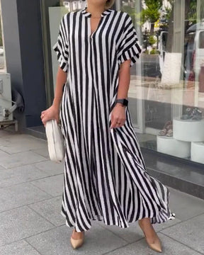 Summer Women's Striped Dress Shirt Black V-neck Loose Fashion Street Vacation Red Long Skirt