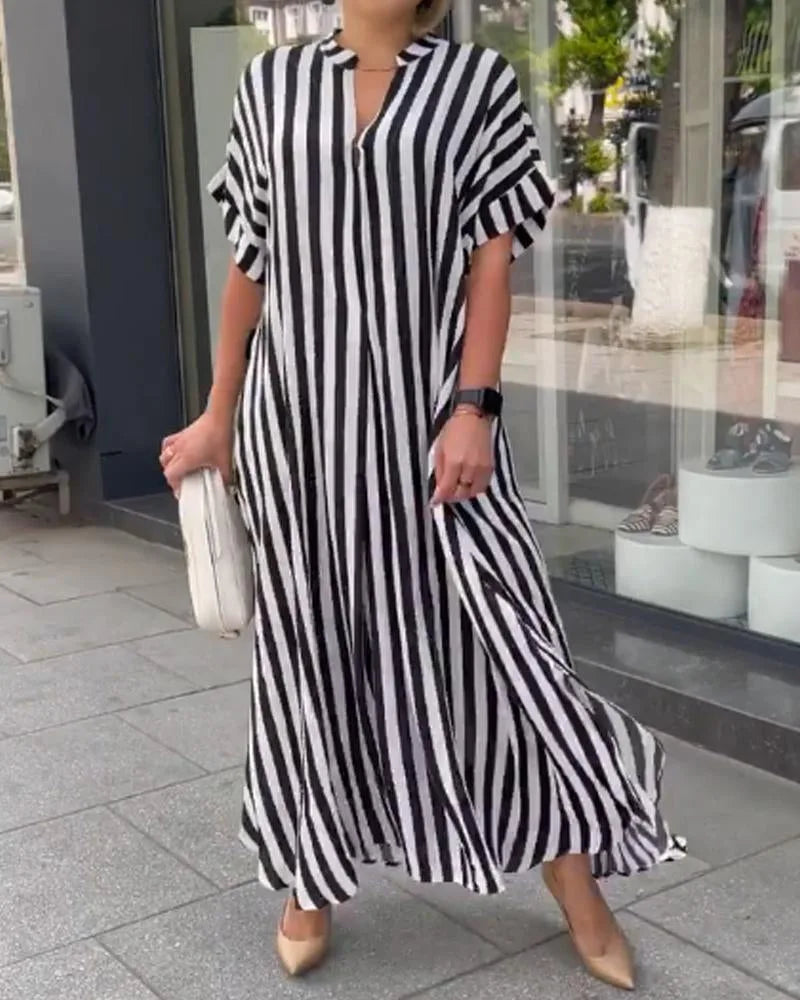 Summer Women's Striped Dress Shirt Black V-neck Loose Fashion Street Vacation Red Long Skirt