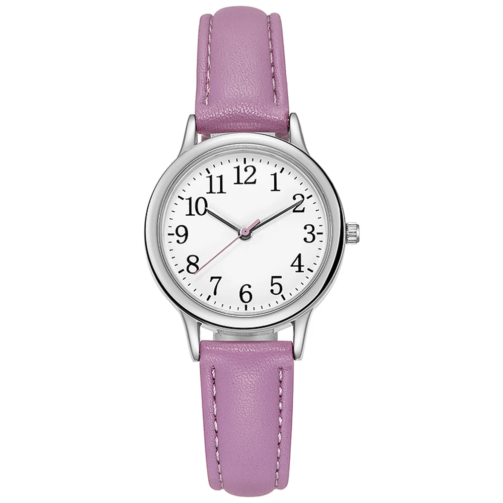Leisure Fashion Women Quartz Watch Easy to Read Arabic Numerals Simple Dial PU Leather Strap Lady Candy Color
