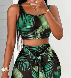 Two Pieces Set Outfits Women 2024 Summer Sexy Sleeveless Suspender Top and High Waisted Tight Fitting Hip Wrap Skirt Print Suits