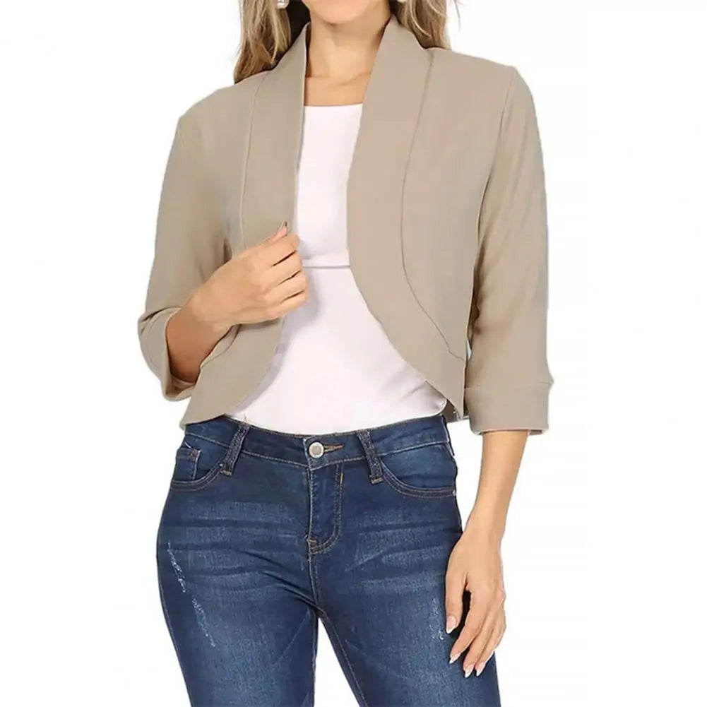 Cropped Women Blazer Temperament Cardigan All-match 3/4 Sleeve Office Suit Jacket Slim Fit No Button Business Coat Outerwear