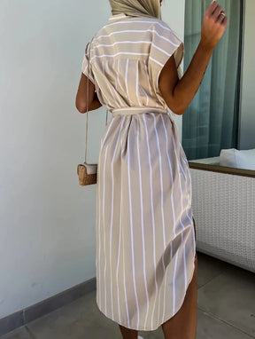 Elegant Women's Summer Dresses Commuter Casual Striped Strap Waist Collar Short Sleeve Casual Pocket Asymmetric Shirt Long Dress
