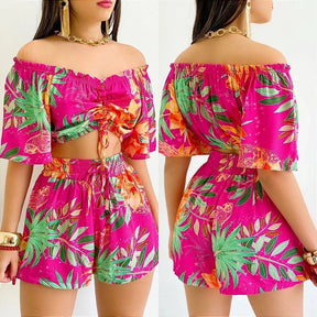 Sexy Off Shoulder Slash Neck T-shirt Shorts Set Office Lady Floral Print Lace Up Short Sleeve Two Piece Set Women Outfit 2023