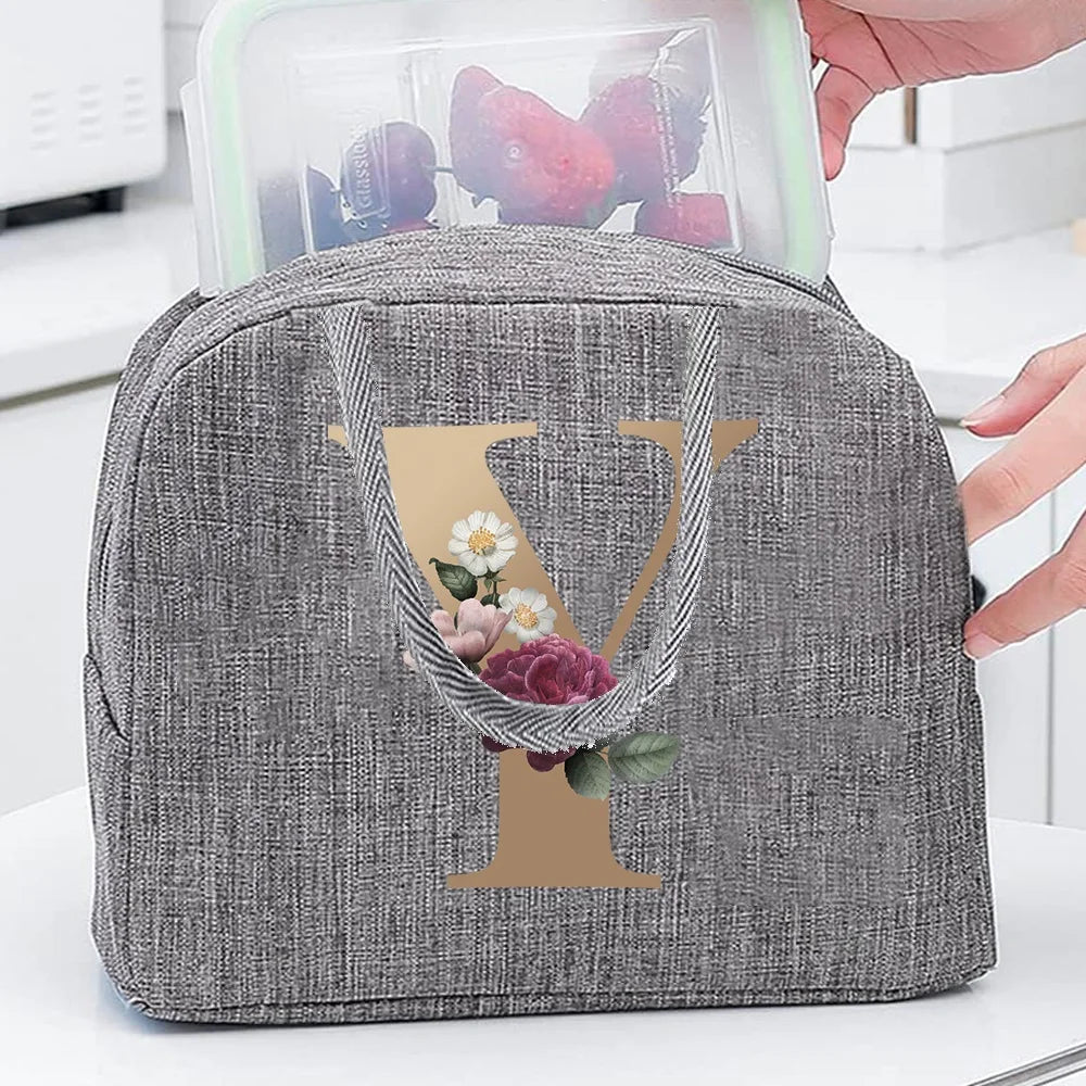 Thermal Food Picnic Lunch Box Insulated School Child Tote Lunch Bags for Work Cute Gold Letter Pattern Cooler Bag for Women