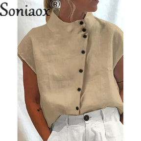 Elegant Cotton Linen Stand Neck Shirt Female 2023 Summer Simple Style Single-breasted Cardigan Tops Women's Casual Loose Blouse
