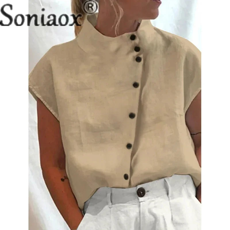 Elegant Cotton Linen Stand Neck Shirt Female 2023 Summer Simple Style Single-breasted Cardigan Tops Women's Casual Loose Blouse