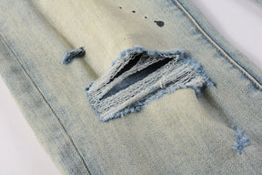 Purple jeans Men Fashion American high street brand Vintage wash blue paint distressed hole Repair Low Rise Skinny Denim pant
