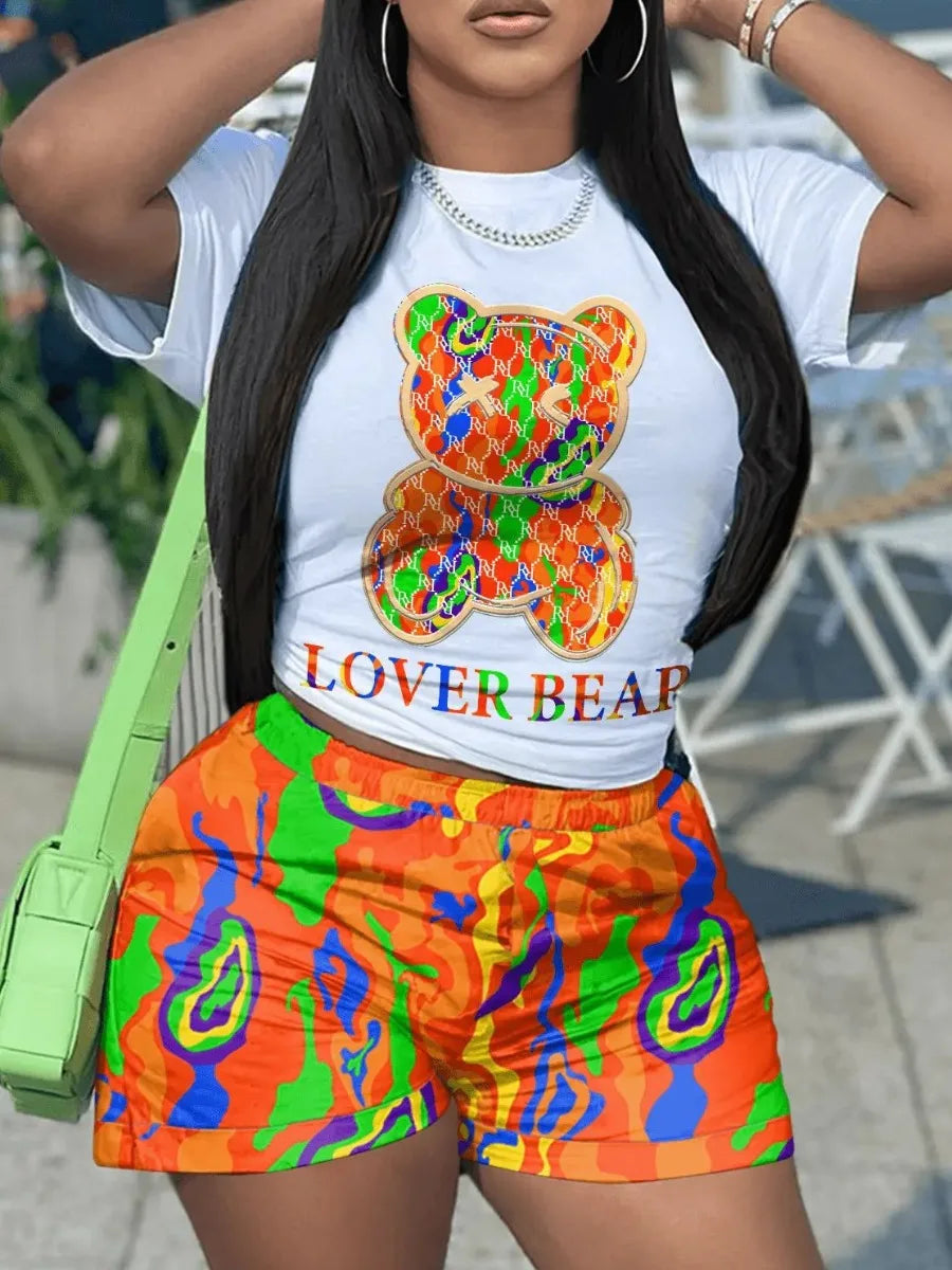 Casual Short Sleeve T T-shirt Shorts Set Office Lady Summer O-neck Cartoon Print Blouse Pants Two Piece Set Women Outfit 2023