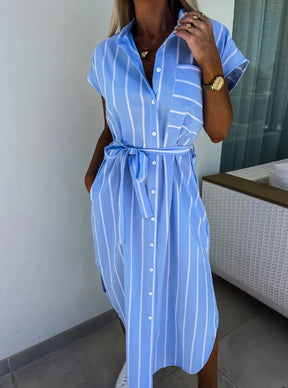Elegant Women's Summer Dresses Commuter Casual Striped Strap Waist Collar Short Sleeve Casual Pocket Asymmetric Shirt Long Dress