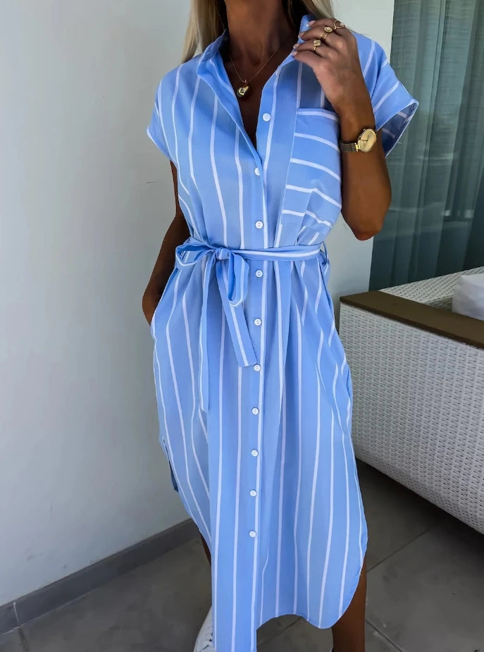 Elegant Women's Summer Dresses Commuter Casual Striped Strap Waist Collar Short Sleeve Casual Pocket Asymmetric Shirt Long Dress