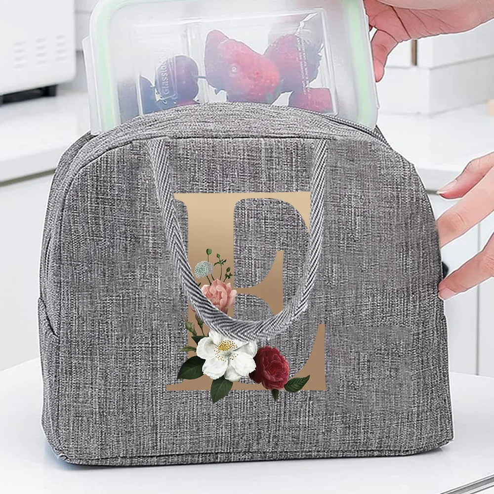 Thermal Food Picnic Lunch Box Insulated School Child Tote Lunch Bags for Work Cute Gold Letter Pattern Cooler Bag for Women