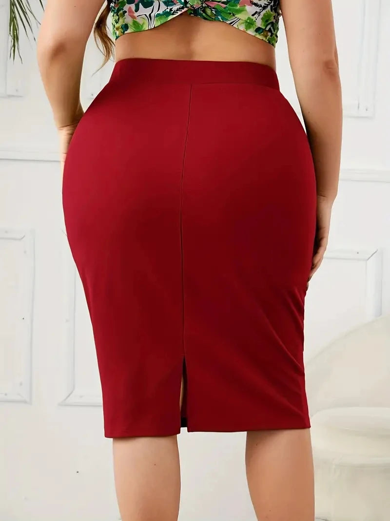 2024 Summer Plus Size Solid Slim Skirt, Casual High Waist Slit Skirt, Women's Plus SizeClothing