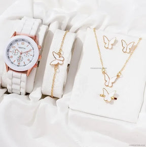 6PCS/Set Women's Watches Casual Silicone Band Analog Quartz Watch Heart Pearls Jewelry Set(Without Box)