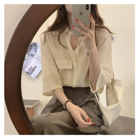 Korea One Pocket Loose Blouse Ins Summer French Sle Single-Breasted Round Neck Lace clothing Design sense fold Shirts Top